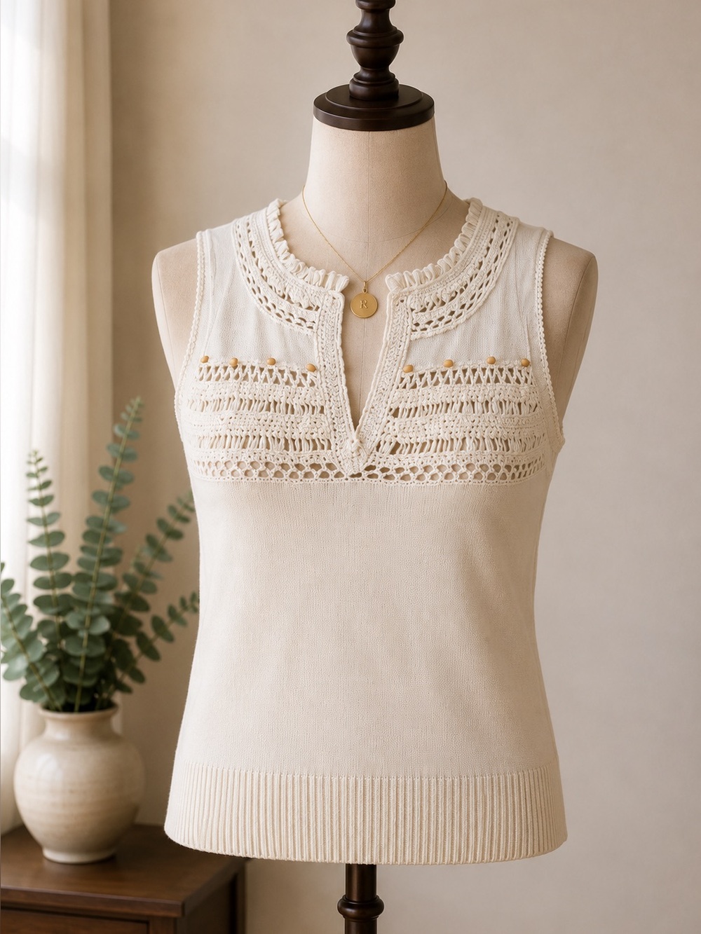 Kersh Y2K Boho Crochet Knit Cream Cotton Blend Cottagecore Sleeveless Top Size M